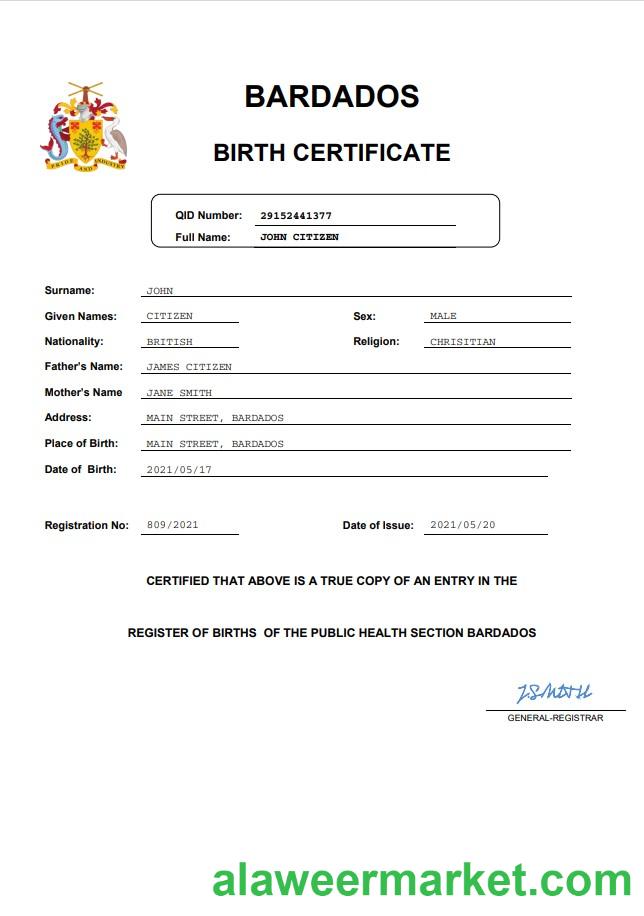 Barbados birth certificate template in Word and PDF